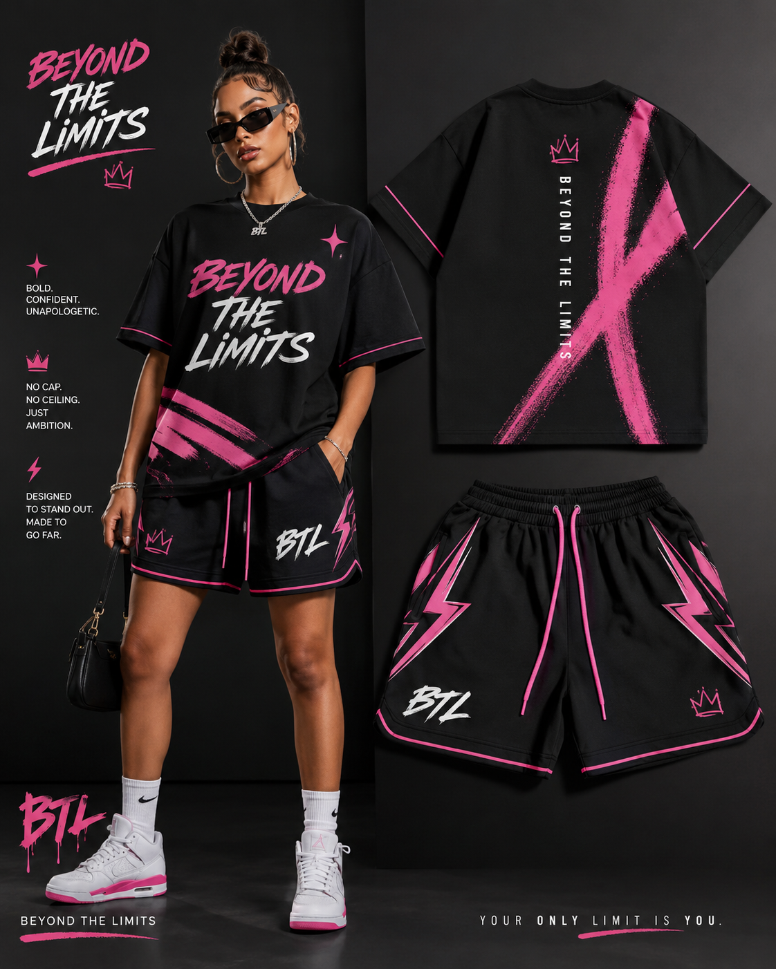 Beyond The Limits Performance T-Shirt & Shorts Set – Black/Pink