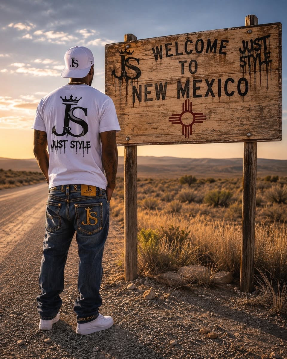 A model wearing a white Just Style T-shirt with a black JS logo, standing beside a sign Welcome to New Mexico sign at sunset 